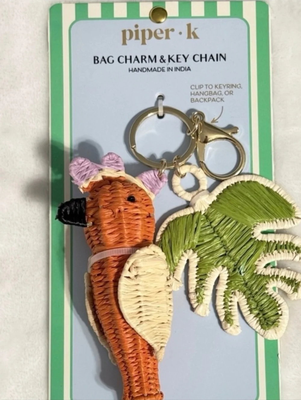 🧡▪️Piper K ▪️Woven Parrot & Leaf Keychain - Orange/Green Bag Charm